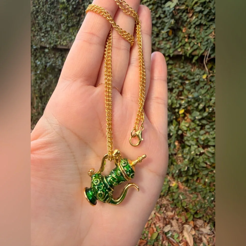 Gold Chain Necklace with Green Enamel Teapot Pendant
